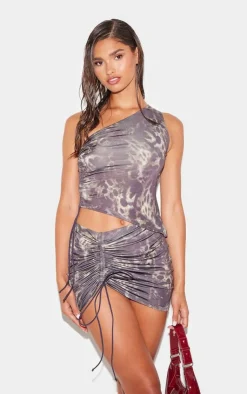 PrettyLittleThing Leopard Print Ruched Asymmetric One Shoulder Top Grey
