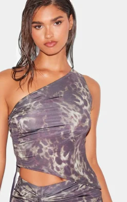 PrettyLittleThing Leopard Print Ruched Asymmetric One Shoulder Top Grey