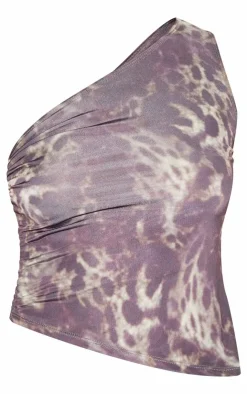 PrettyLittleThing Leopard Print Ruched Asymmetric One Shoulder Top Grey