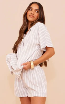 Hot PrettyLittleThing Linen Look Stripe Oversized Boxy Shirt Grey