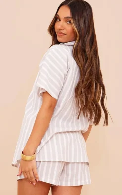 Hot PrettyLittleThing Linen Look Stripe Oversized Boxy Shirt Grey