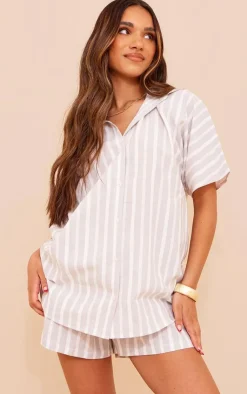 Hot PrettyLittleThing Linen Look Stripe Oversized Boxy Shirt Grey