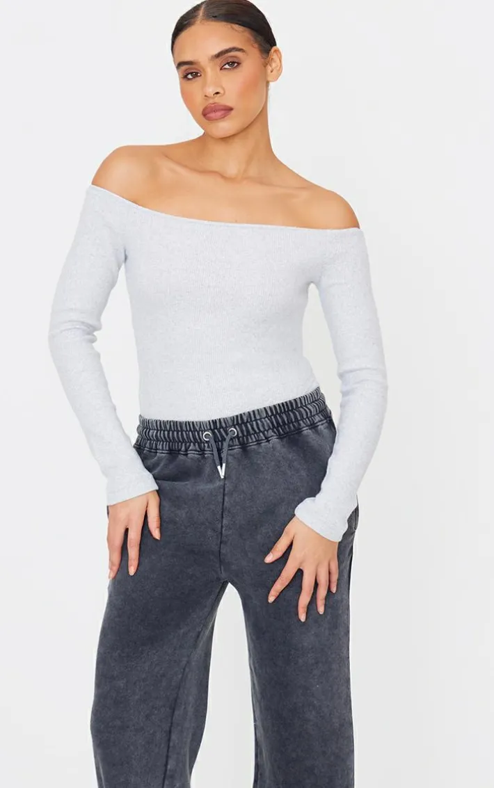 Grey Marl Brushed Rib Bardot Long Sleeve Bodysuit