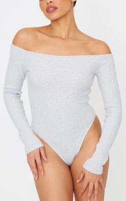 Grey Marl Brushed Rib Bardot Long Sleeve Bodysuit