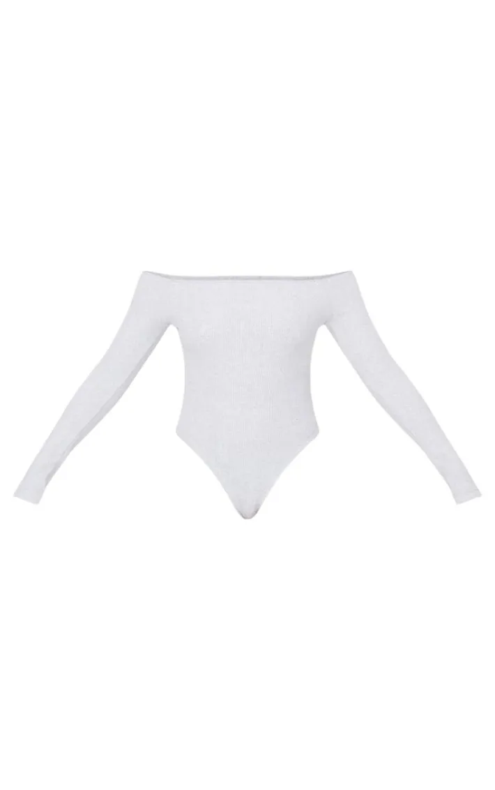 Grey Marl Brushed Rib Bardot Long Sleeve Bodysuit