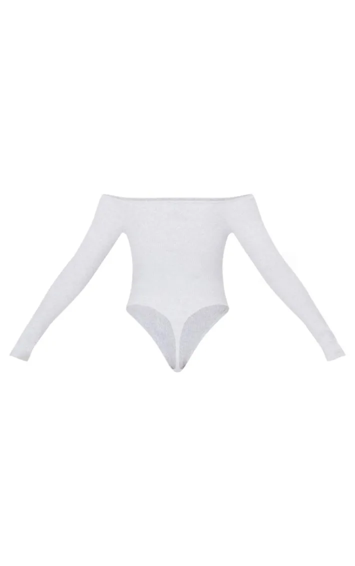 Grey Marl Brushed Rib Bardot Long Sleeve Bodysuit