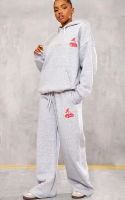 Sale PrettyLittleThing Cherry Print Oversized Wide Leg Sweatpants Grey Marl
