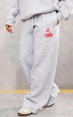 Sale PrettyLittleThing Cherry Print Oversized Wide Leg Sweatpants Grey Marl