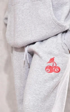 Sale PrettyLittleThing Cherry Print Oversized Wide Leg Sweatpants Grey Marl