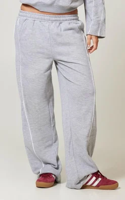 Online PrettyLittleThing Contrast Piping Detail Wide Leg Sweatpants Grey Marl