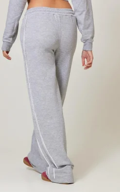 Online PrettyLittleThing Contrast Piping Detail Wide Leg Sweatpants Grey Marl