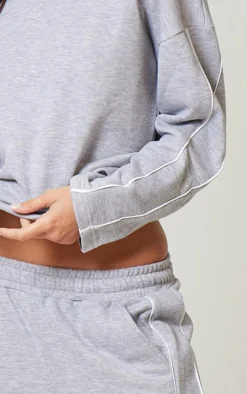 Online PrettyLittleThing Contrast Piping Detail Wide Leg Sweatpants Grey Marl