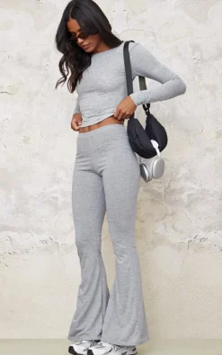 Outlet PrettyLittleThing Cotton High Waist Flared Pants Grey Marl