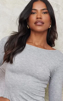 New PrettyLittleThing Cotton Long Sleeve Longline Top Grey Marl