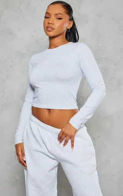 Sale PrettyLittleThing Embossed Studio Archives Long Sleeve T Shirt Grey Marl
