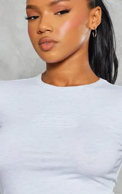 Sale PrettyLittleThing Embossed Studio Archives Long Sleeve T Shirt Grey Marl