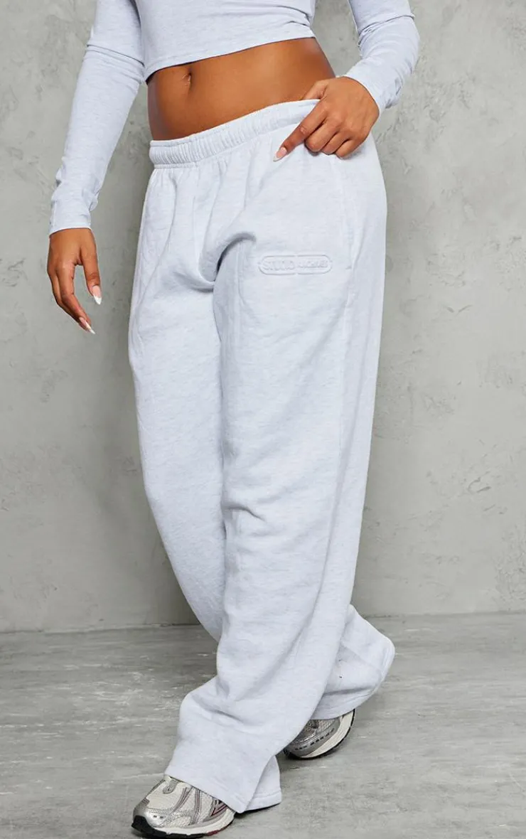 Discount PrettyLittleThing Embossed Studio Archives Wide Leg Sweatpants Grey Marl