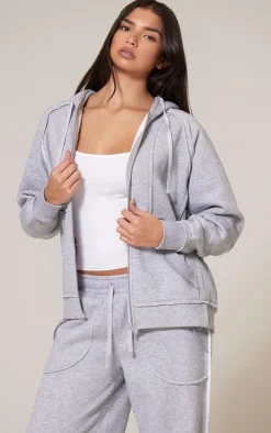 Hot PrettyLittleThing Exposed Seam Detail Zip Up Hoodie Grey Marl