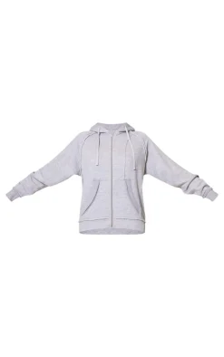 Hot PrettyLittleThing Exposed Seam Detail Zip Up Hoodie Grey Marl