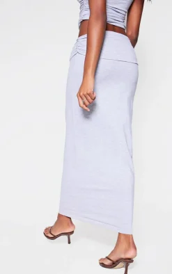 Online PrettyLittleThing Foldover Cotton Maxi Skirt Grey Marl