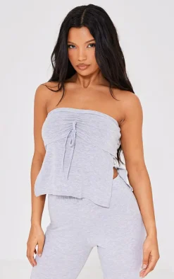 Online PrettyLittleThing Jersey Ruched Front Bandeau Top Grey Marl