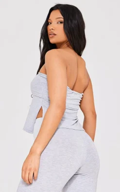 Online PrettyLittleThing Jersey Ruched Front Bandeau Top Grey Marl