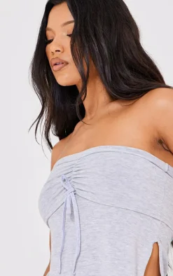 Online PrettyLittleThing Jersey Ruched Front Bandeau Top Grey Marl