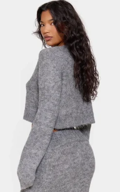 PrettyLittleThing Marl Knit Asymmetric Overlay Oversized Sweater Grey