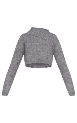 PrettyLittleThing Marl Knit Asymmetric Overlay Oversized Sweater Grey