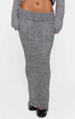 Discount PrettyLittleThing Marl Knit Foldover Maxi Skirt Grey