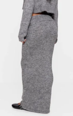 Discount PrettyLittleThing Marl Knit Foldover Maxi Skirt Grey