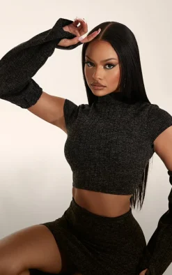 New PrettyLittleThing Marl Removeable Sleeves Crop Top Grey