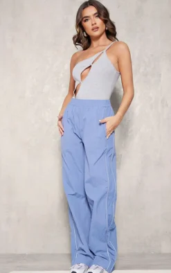 Grey Marl Rib Button Cut Out One Shoulder Bodysuit