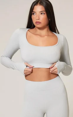 PrettyLittleThing Workout Tops*Marl Seamless Basic Square Neck Long Sleeve Gym Top