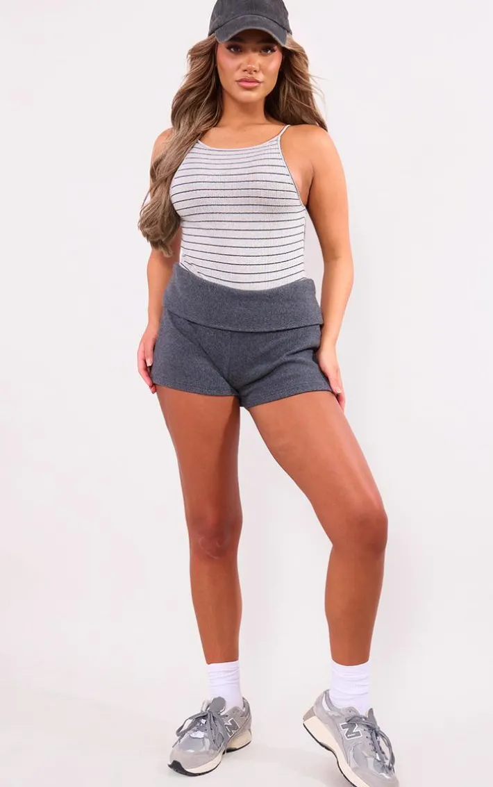 Grey Marl Stripe Rib Spaghetti Strap Bodysuit
