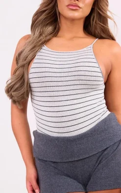 Grey Marl Stripe Rib Spaghetti Strap Bodysuit