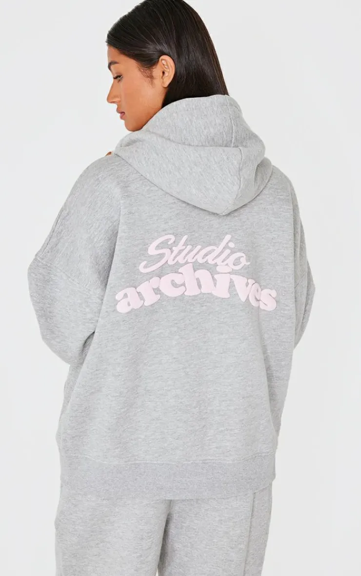 Clearance PrettyLittleThing Studio Archives Zip Up Hoodie Grey Marl