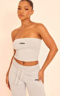 New PrettyLittleThing Studio Badge Detail Bandeau Top Grey Marl