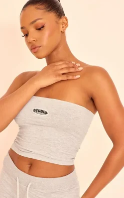 New PrettyLittleThing Studio Badge Detail Bandeau Top Grey Marl