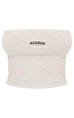 New PrettyLittleThing Studio Badge Detail Bandeau Top Grey Marl