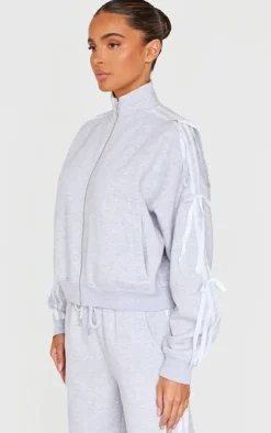 Online PrettyLittleThing Velvet Bow Oversized Zip Up Sweatshirt Grey Marl