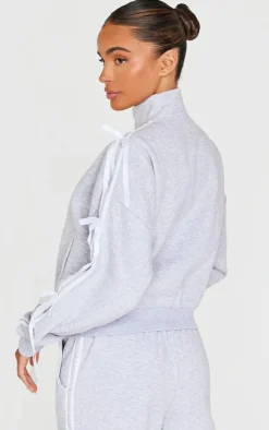 Online PrettyLittleThing Velvet Bow Oversized Zip Up Sweatshirt Grey Marl