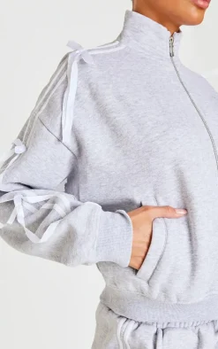 Online PrettyLittleThing Velvet Bow Oversized Zip Up Sweatshirt Grey Marl