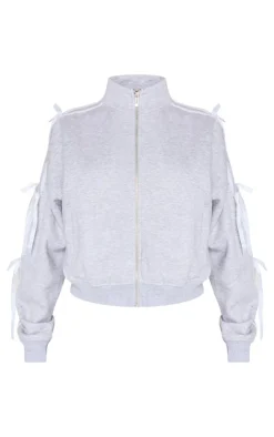 Online PrettyLittleThing Velvet Bow Oversized Zip Up Sweatshirt Grey Marl