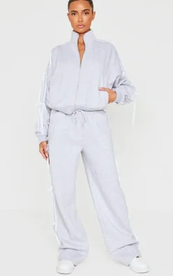 New PrettyLittleThing Velvet Bow Wide Leg Sweatpants Grey Marl
