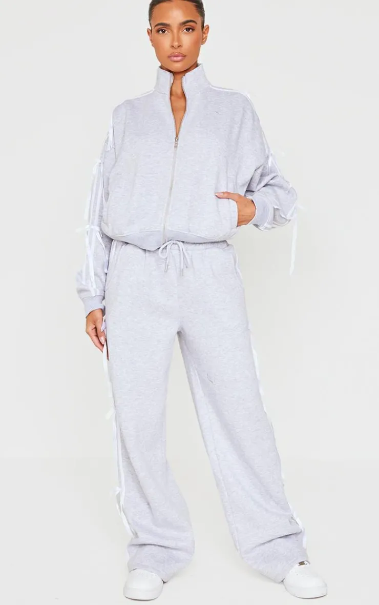 New PrettyLittleThing Velvet Bow Wide Leg Sweatpants Grey Marl