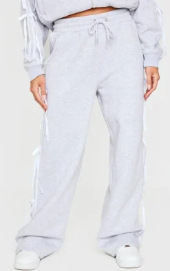 New PrettyLittleThing Velvet Bow Wide Leg Sweatpants Grey Marl