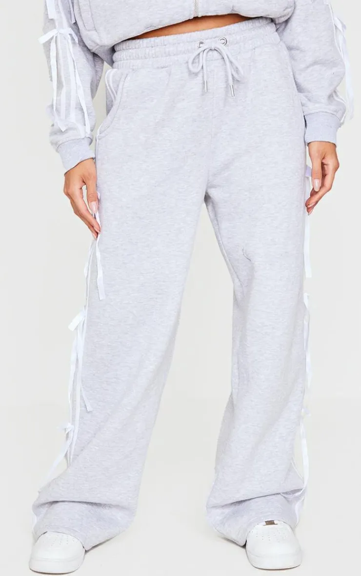 New PrettyLittleThing Velvet Bow Wide Leg Sweatpants Grey Marl
