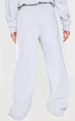 New PrettyLittleThing Velvet Bow Wide Leg Sweatpants Grey Marl
