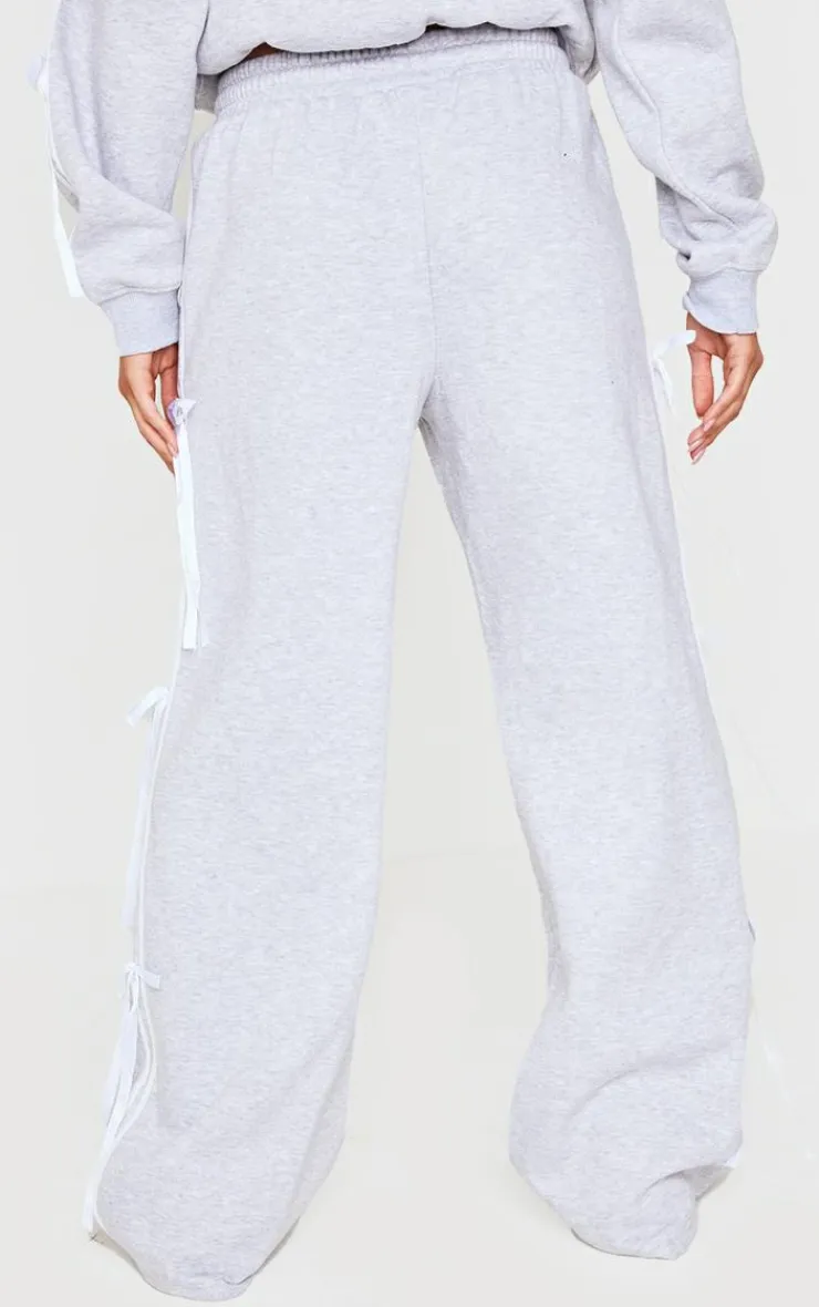 New PrettyLittleThing Velvet Bow Wide Leg Sweatpants Grey Marl